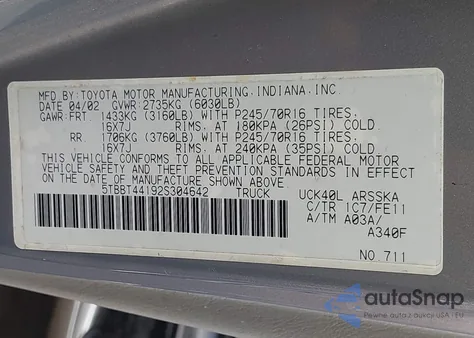 2002 Toyota Tundra Sr5 V8 from USA, damaged, VIN 5TBBT44192S304642